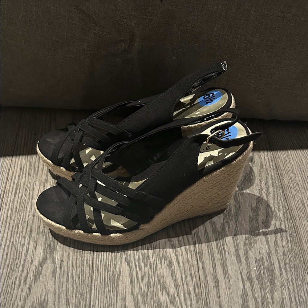 Ann Marino Black Strappy Wedges with Tan Heel